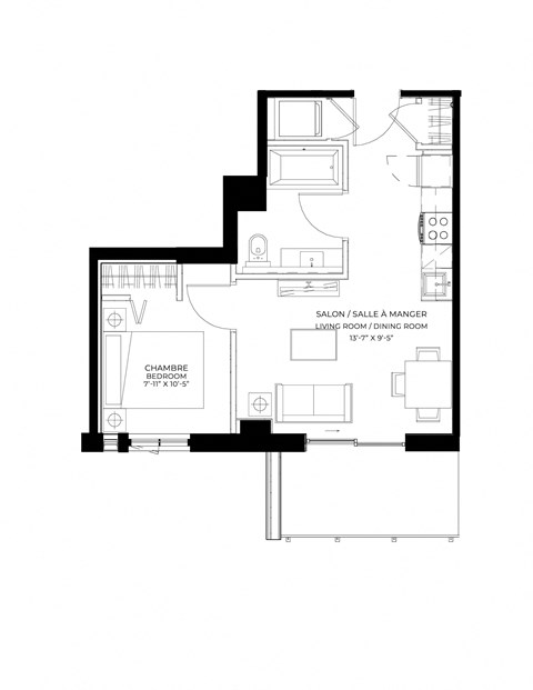 Floor plan for 1 bed, 1 bath, 444 sqft