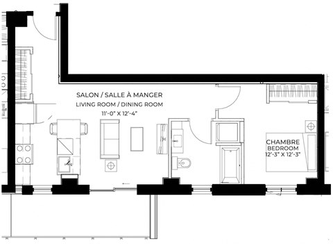 Floor plan for 1 bed, 1 bath, 648 sqft