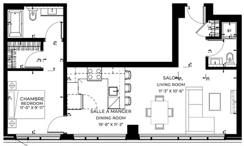 Floor plan for 1 bed, 2 baths, 444 sqft