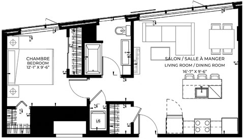 Floor plan for 1 bed, 1 bath, 668 sqft