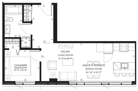 Floor plan for 1 bed, 1 bath