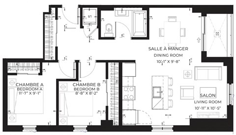Floor plan for 2 beds, 1 bath, 880 sqft
