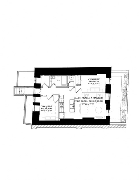 Floor plan for 2 beds, 1 bath, 690 sqft