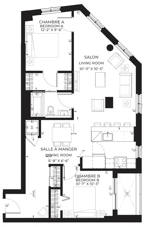 Floor plan for 2 beds, 1 bath, 951 sqft
