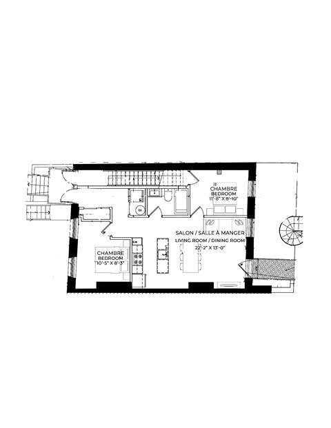 Floor plan for 2 beds, 1 bath, 645 sqft