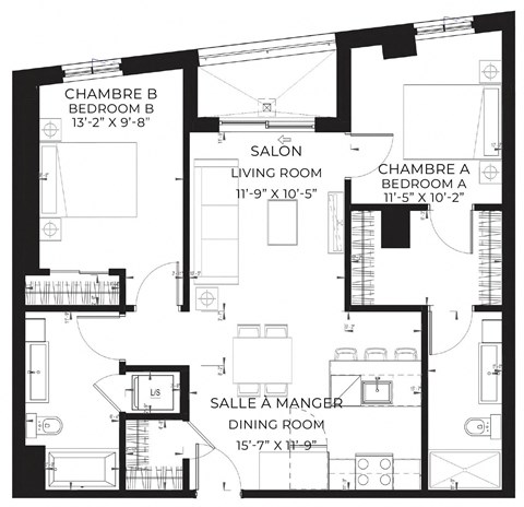 Floor plan for 2 beds, 2 baths, 936 sqft