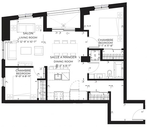 Floor plan for 2 beds, 1 bath, 884 sqft