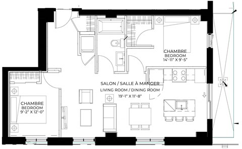 Floor plan for 2 beds, 1 bath, 815 sqft