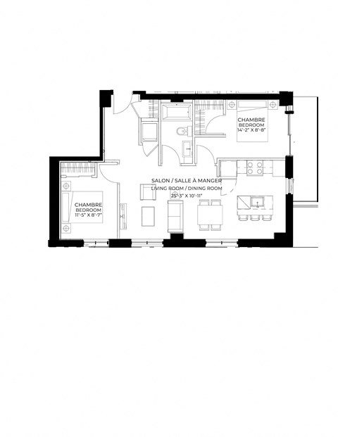 Floor plan for 2 beds, 1 bath, 815 sqft