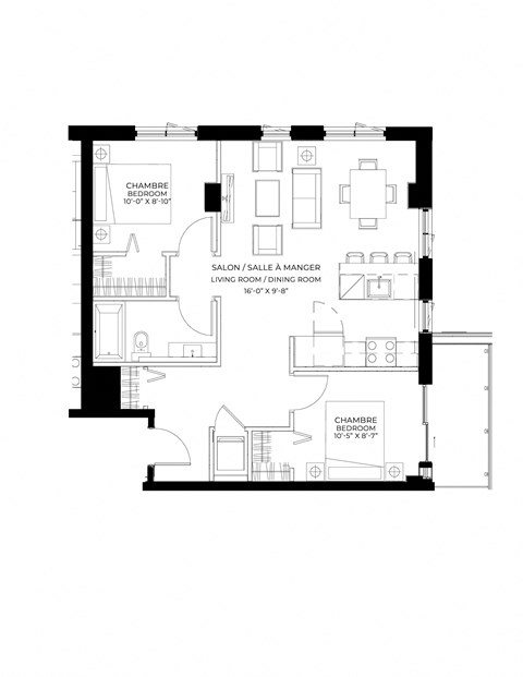 Floor plan for 2 beds, 1 bath, 812 sqft