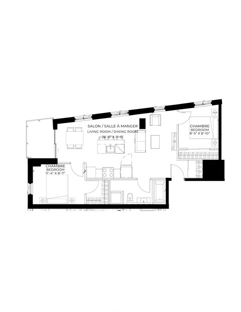 Floor plan for 2 beds, 1 bath, 799 sqft