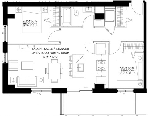 Floor plan for 2 beds, 1 bath, 801 sqft