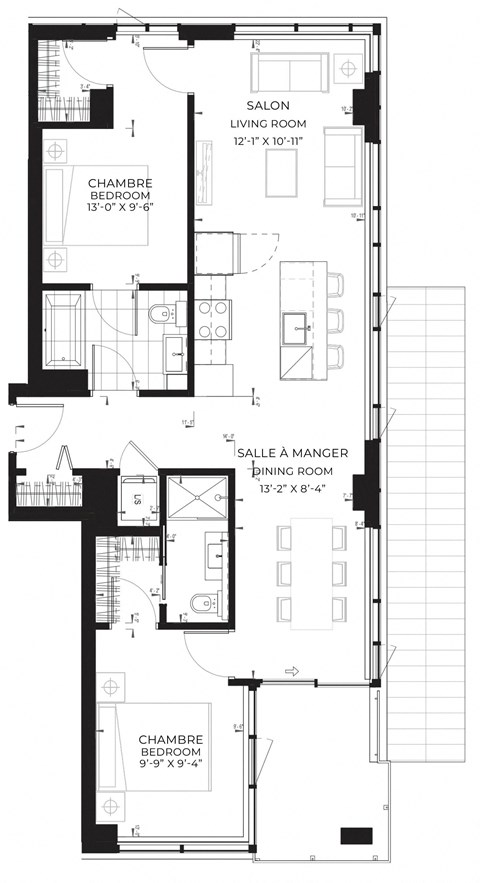 Floor plan for 2 beds, 2 baths, 1010 sqft