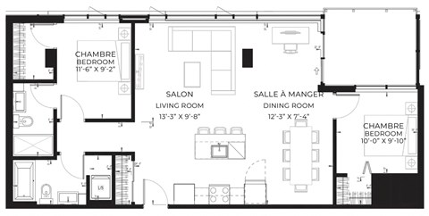 Floor plan for 2 beds, 2 baths, 1055 sqft