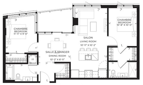 Floor plan for 2 beds, 2 baths, 887 sqft