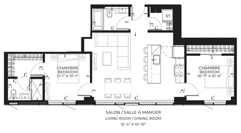 Floor plan for 2 beds, 2 baths