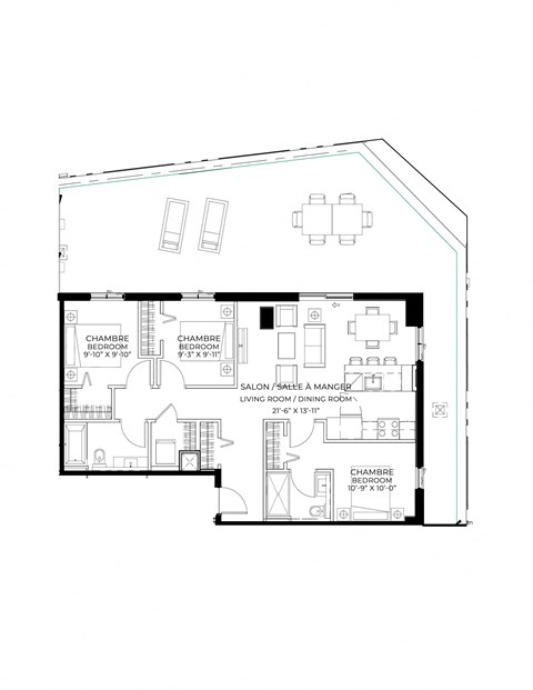 Floor plan for 3 beds, 2 baths, 1015 sqft
