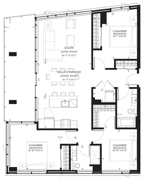 Floor plan for 3 beds, 2 baths