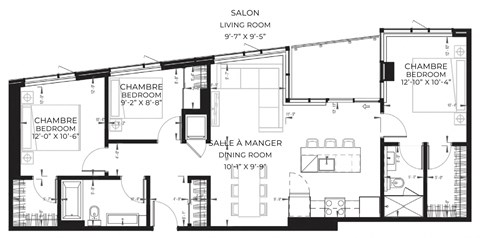 Floor plan for 3 beds, 2 baths