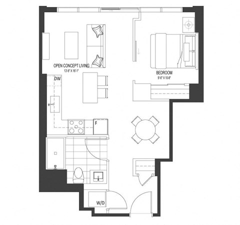 Floor plan for 1 bed, 1 bath, 633 sqft