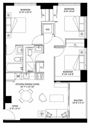 Floor plan for 3 beds, 2 baths, 788 sqft