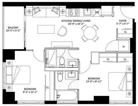 Floor plan for 2 beds, 2 baths, 712 sqft