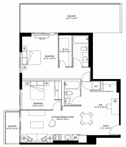 Floor plan for 2 beds, 2 baths, 954 sqft