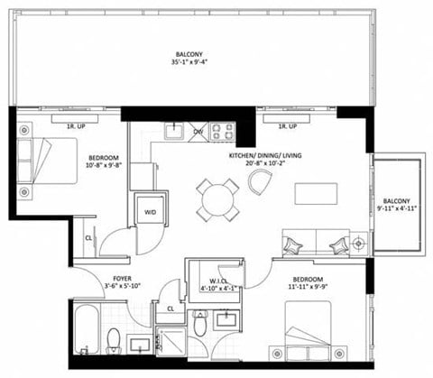 Floor plan for 2 beds, 1.5 baths, 788 sqft