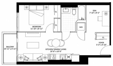 Floor plan for 1 bed, 1 bath, 627 sqft