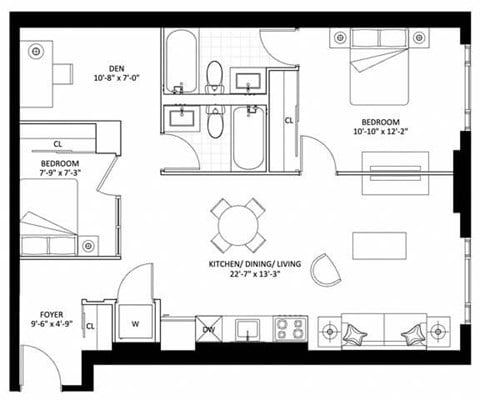 Floor plan for 2 beds, 2 baths, 911 sqft
