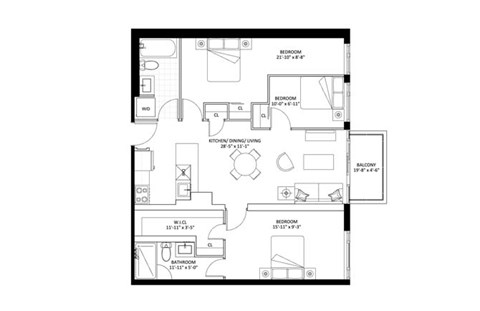Floor plan for 3 beds, 2 baths, 987 sqft