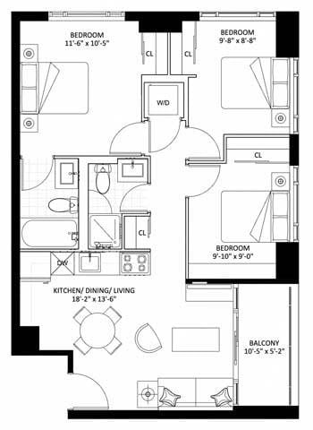 Floor plan for 3 beds, 2 baths, 757 sqft