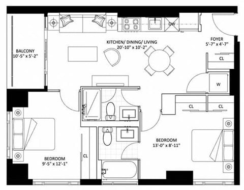 Floor plan for 2 beds, 2 baths, 712 sqft
