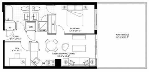 Floor plan for 1 bed, 2 baths, 585 sqft