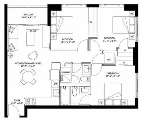 Floor plan for 3 beds, 2 baths, 870 sqft