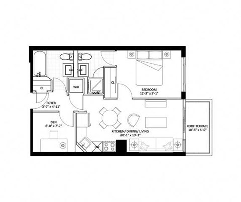 Floor plan for 1 bed, 1 bath, 597 sqft