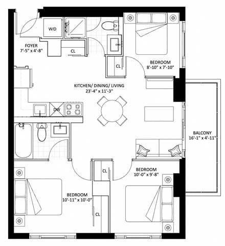 Floor plan for 3 beds, 1.5 baths, 768 sqft