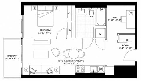 Floor plan for 1 bed, 1 bath, 626 sqft