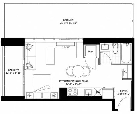 Floor plan for studio, 1 bath, 414 sqft