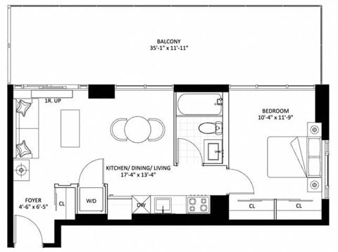 Floor plan for 1 bed, 1 bath, 522 sqft