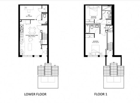 Floor plan for 2 beds, 2.5 baths, 1044 sqft