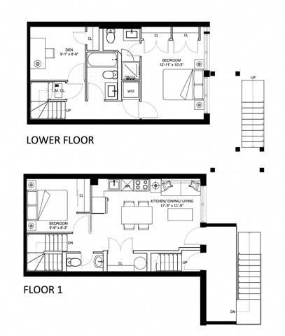 Floor plan for 2 beds, 2.5 baths, 914 sqft