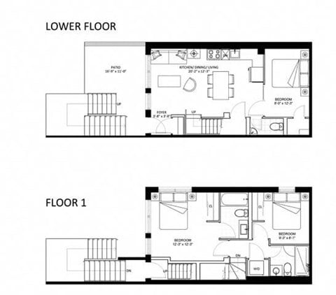 Floor plan for 3 beds, 2.5 baths, 979 sqft