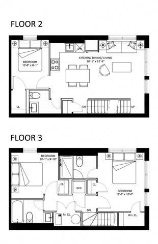 Floor plan for 3 beds, 2.5 baths, 1056 sqft