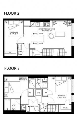 Floor plan for 3 beds, 2.5 baths, 990 sqft
