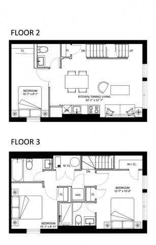 Floor plan for 3 beds, 2.5 baths, 1062 sqft