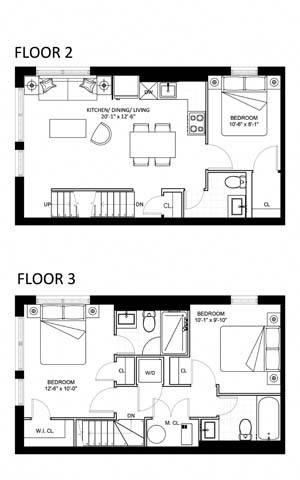 Floor plan for 3 beds, 2.5 baths, 990 sqft