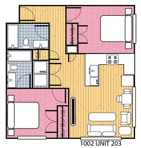 Floor plan for 2 beds, 2 baths, 962 sqft