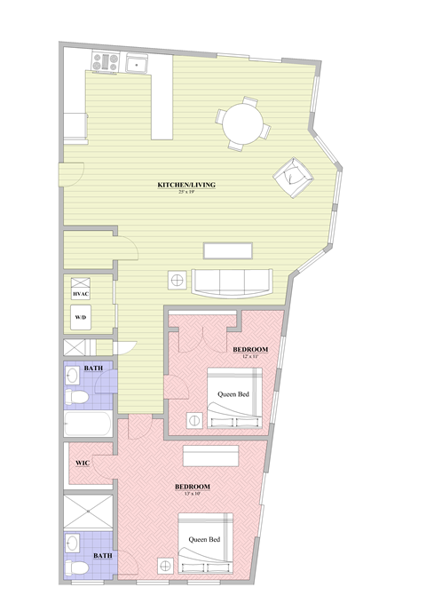 Floor plan for 2 beds, 2 baths, 1000 sqft