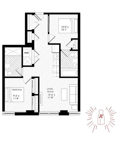Floor plan for 1 bed, 2 baths, 896 sqft
